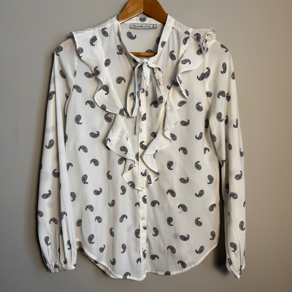 Abercrombie Fitch Women S Paisley Print Ruffle Long‎ Sleeve Sheer Blouse White